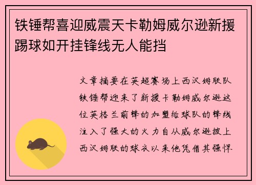 铁锤帮喜迎威震天卡勒姆威尔逊新援踢球如开挂锋线无人能挡
